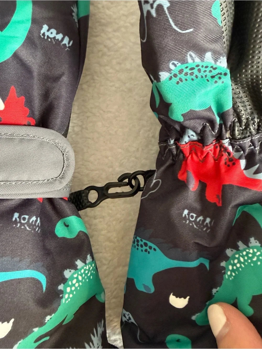 Amazon Kids Black Mittens with Teal & Red Dinosaur Print